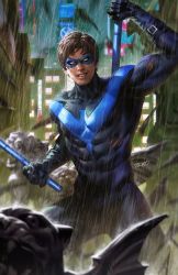 Rule 34 | 1boy, batman (series), baton (weapon), black bodysuit, black hair, blue bodysuit, bodysuit, building, club (weapon), comic cover, commentary, cover image, dc comics, dcwj, dick grayson, domino mask, english commentary, escrima stick, facing viewer, highres, holding, holding weapon, less-than-lethal weapon, looking at viewer, male focus, mask, muscular, muscular male, night, nightwing, official art, rain, realistic, scar, scar on face, short hair, skyscraper, solo, superhero costume, teeth, torn clothes, two-tone bodysuit, weapon