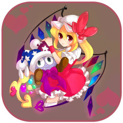 Rule 34 | 1girl, alternate eye color, blonde hair, blush, crossover, crystal, demon wings, dress, flandre scarlet, hat, heart, jester cap, kirby (series), looking at viewer, marx (kirby), meso (makichu), mob cap, nintendo, no arms, puffy short sleeves, puffy sleeves, red dress, red eyes, short sleeves, side ponytail, solo, touhou, trait connection, wings