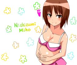 Rule 34 | 10s, 1girl, 30-06, blush, breasts, brown eyes, brown hair, cleavage, girls und panzer, highres, looking at viewer, navel, nishizumi miho, pregnant, smile, solo