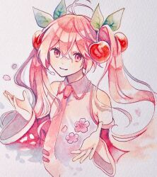 Rule 34 | 1girl, amagi hana, bare shoulders, cherry blossoms, cherry hair ornament, closed mouth, collared shirt, commentary, cropped torso, detached sleeves, dot nose, eyelashes, flat chest, floating hair, flower, food-themed hair ornament, hair between eyes, hair ornament, hair strand, hands up, hatsune miku, headset, highres, leaf hair ornament, long hair, looking at viewer, necktie, painting (medium), petals, pink eyes, pink flower, pink hair, pink necktie, pink sleeves, pink theme, sakura miku, shirt, simple background, sleeveless, sleeveless shirt, smile, solo, straight hair, symbol-only commentary, tareme, tie clip, traditional media, twintails, upper body, very long hair, vocaloid, watercolor (medium), white background, white shirt