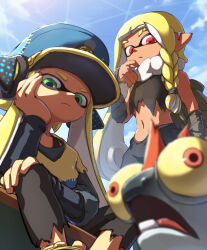 Rule 34 | 2girls, agent 3 (splatoon), agent 3 (splatoon 3), bandaged arm, bandages, bare shoulders, behind-the-head headphones, black bandages, black pants, black shirt, blonde hair, blue hat, braid, breasts, choker, closed mouth, commentary request, earpiece, eyebrow cut, from below, green eyes, grey shirt, hair tie, hand on own cheek, hand on own face, hat, head rest, headphones, highres, inkling, inkling girl, inkling player character, layered shirt, layered sleeves, long hair, long sleeves, looking at viewer, midriff, multiple girls, navel, nintendo, ovolo123, pants, patchwork clothes, peaked cap, pointy ears, red eyes, shirt, short over long sleeves, short sleeves, single braid, sitting, sleeveless, sleeveless shirt, smallfry (splatoon), splatoon (series), splatoon 3, tentacle hair, thick eyebrows, torn clothes, torn shirt, twintails, white choker