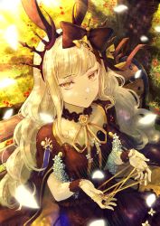Rule 34 | 1girl, absurdres, alchemy stars, animal ears, blonde hair, bow, brown bow, brown cape, brown dress, brown nails, cape, cat&#039;s cradle, closed mouth, crown, cuscuta (alchemy stars), dress, fingernails, grass, hair bow, hair ornament, highres, horns, huge filesize, jewelry, long hair, looking at viewer, nail polish, on bench, orange eyes, outdoors, rabbit ears, ring, runemill, sanpaku, sitting, solo, tree, upturned eyes, wristband