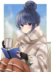 Rule 34 | 1girl, blue eyes, blue hair, blush, book, boots, closed mouth, cup, dot nose, female focus, fingerless gloves, gloves, hair bun, highres, holding, holding book, holding cup, looking at viewer, nao suke twt, open book, shima rin, sitting, solo, steam, yurucamp