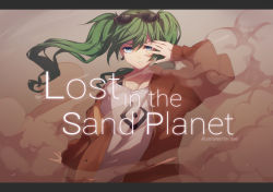 Rule 34 | 1girl, blue eyes, collarbone, commentary, desert, earrings, eyewear on head, green hair, hair between eyes, hatsune miku, jacket, jewelry, kicchan, letterboxed, long hair, looking at viewer, necklace, parted lips, red jacket, sand, shirt, solo, suna no wakusei (vocaloid), sunglasses, twintails, vocaloid, white shirt
