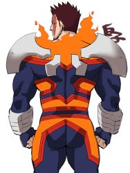 Rule 34 | 1boy, ass, back, bara, beard, blue bodysuit, blue eyes, bodysuit, boku no hero academia, commentary request, endeavor (boku no hero academia), facial hair, feet out of frame, fire, from behind, highres, male focus, mature male, muscular, muscular male, red hair, scar, scar across eye, scar on face, shirako (kirupi), short hair, sideburns, skin tight, solo, spiked hair, stubble, thighs