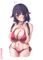 Rule 34 | 1girl, ahoge, artist name, bare shoulders, bikini, blush, breasts, cameltoe, cleavage, collarbone, cropped legs, crossed bangs, ebifurya, gluteal fold, hair between eyes, hair flaps, hands on own chest, hands up, highres, kantai collection, large breasts, long hair, looking at viewer, navel, one-hour drawing challenge, parted lips, pink eyes, purple hair, side-tie bikini bottom, sidelocks, simple background, string bikini, swimsuit, taigei (kancolle), thigh gap, thighs, twintails, twitter username, white background