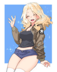 Rule 34 | 1girl, black shirt, blonde hair, blue background, blue eyes, breasts, brown jacket, cleavage, closed eyes, commentary, cowboy shot, denim, denim shorts, emblem, girls und panzer, hair intakes, highres, jacket, kay (girls und panzer), large breasts, light particles, long hair, long sleeves, looking at viewer, micro shorts, midriff, military, military uniform, open clothes, open jacket, open mouth, ouma bunshichirou, outside border, saunders military uniform, shirt, shorts, simple background, skindentation, smile, solo, sparkle, standing, star (symbol), thighhighs, uniform, waving, white thighhighs