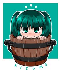 Rule 34 | 1girl, bucket, byourou, character name, chibi, dated, green eyes, green hair, hair bobbles, hair ornament, in bucket, in container, kisume, looking at viewer, matching hair/eyes, short hair, shy, solo, touhou, twintails