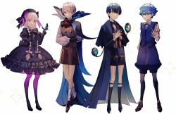 Rule 34 | 1girl, 3boys, aged down, albino (a1b1n0623), alternate hairstyle, bad id, bad twitter id, black bow, black dress, black gloves, black hair, black headwear, blue eyes, blue hair, bow, bowtie, braid, bug, butterfly, dress, facial hair, fate/extra, fate/grand order, fate (series), formal, gloves, green eyes, grey hair, hair between eyes, hair over one eye, hans christian andersen (fate), hat, highres, insect, jacket, james moriarty (archer) (fate), long hair, long sleeves, magnifying glass, male focus, multiple boys, nursery rhyme (fate), open mouth, purple eyes, ribbon, sherlock holmes (fate), shorts, smile, twin braids, vest, white hair