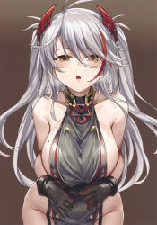 Rule 34 | 1girl, absurdres, antenna hair, areola slip, azur lane, bare shoulders, blush, breasts, clothes pull, collarbone, covered erect nipples, cross, eyes visible through hair, gloves, gradient background, groin, hair between eyes, hair ornament, heart, heart-shaped pupils, highres, iron cross, ks (xephyrks), large breasts, leaning forward, lips, long hair, looking at viewer, mole, mole on breast, multicolored hair, no panties, open mouth, pale skin, prinz eugen (azur lane), red hair, ribbon, scan, silver hair, simple background, solo, standing, sweat, sweatdrop, symbol-shaped pupils, thighs, two-tone hair, yellow eyes