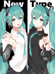 Rule 34 | 2girls, absurdres, alternate color, aqua eyes, aqua hair, aqua nails, aqua neckwear, bare shoulders, belt, black shirt, black skirt, black sleeves, blouse, commentary, detached sleeves, dual persona, grin, hair ornament, hand up, hatsune miku, hatsune miku (nt), headphones, highres, layered sleeves, long hair, looking at viewer, multiple girls, nail polish, neck ribbon, open mouth, piapro, ribbon, see-through, see-through sleeves, shirt, shoulder tattoo, side-by-side, skirt, sleeveless, sleeveless shirt, smile, tattoo, tosh dw, twintails, two-tone background, upper body, v-shaped eyebrows, very long hair, vocaloid, white shirt, white sleeves