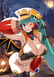 Rule 34 | 1girl, android, breasts, cleavage, green hair, large breasts, marino (mega man), mega man (series), mega man x (series), mega man x dive, navel, one eye closed, popo (popo0cat), robot, thighhighs, thighs, wink