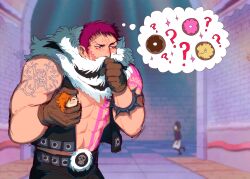 Rule 34 | 1boy, abs, bara, blurry, charlotte katakuri, cowboy shot, depth of field, doughnut, food, hand on own chin, highres, maid, male focus, marc antony thinking (meme), maren (mewtides), meme, merchandise, mewiyev, muscular, muscular male, one piece, pants, short hair, solo focus, standing, stroking own chin, tattoo, thick eyebrows, thought bubble, underpec