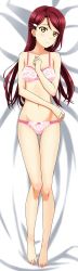 Rule 34 | 1girl, arjend, barefoot, bed sheet, blush, bow, bow bra, bow panties, bra, breasts, closed mouth, collared shirt, commentary, dakimakura (medium), embarrassed, floral print, from above, frown, full body, gluteal fold, hair ornament, hairclip, head tilt, highres, lace, lace-trimmed bra, lace trim, legs, light blush, long hair, looking at viewer, love live!, love live! sunshine!!, lying, nail polish, navel, on back, on bed, orange eyes, panties, pink bra, pink nails, pink panties, print bra, print panties, red hair, sakurauchi riko, shirt, small breasts, solo, swept bangs, thigh gap, underwear