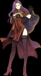 Rule 34 | 1girl, black thighhighs, breasts, brown eyes, capelet, cleavage, earrings, fire emblem, fire emblem echoes: shadows of valentia, full body, gloves, hidari (left side), high heels, jewelry, lace, lace-trimmed gloves, lace-trimmed legwear, lace trim, large breasts, long hair, necklace, nintendo, official art, purple hair, solo, sonya (fire emblem gaiden), thighhighs, tiara, transparent background, zettai ryouiki