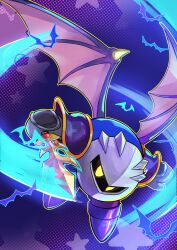 Rule 34 | 1boy, absurdres, armor, bat wings, commentary request, galaxia (sword), gloves, highres, holding, holding sword, holding weapon, kirby (series), looking at viewer, male focus, mask, meta knight, nintendo, no humans, pauldrons, semito310, shoulder armor, slashing, solo, star (symbol), sword, weapon, wings, yellow eyes