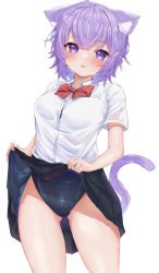 Rule 34 | 1girl, :p, absurdres, ahoge, animal ear fluff, animal ears, ayama nano, black skirt, blue one-piece swimsuit, blush, bow, bowtie, breasts, cat ears, cat girl, cat tail, clothes lift, collared shirt, cowboy shot, crossed bangs, dress shirt, highres, hololive, large breasts, lifted by self, looking at viewer, medium hair, nekomata okayu, one-piece swimsuit, purple eyes, purple hair, red bow, red bowtie, shirt, short sleeves, simple background, skirt, skirt lift, solo, standing, swimsuit, swimsuit under clothes, tail, tongue, tongue out, virtual youtuber, white background, white shirt