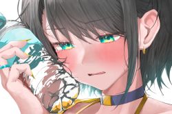 Rule 34 | 1girl, black hair, blue eyes, blush, bottle, bottle to cheek, close-up, commentary request, earrings, fangs, highres, holding, holding bottle, hololive, jewelry, nail polish, oozora subaru, parted lips, ring, short hair, solo, tarutaru (ryousuke), upper body, virtual youtuber, water bottle, yellow nails