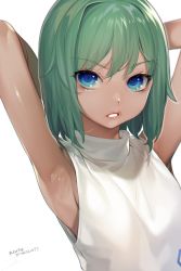 Rule 34 | 1girl, absurdres, armpits, arms behind head, arms up, bad id, bad twitter id, bare arms, bare shoulders, blue eyes, dark-skinned female, dark-skinned male, dark skin, green hair, highres, male focus, ohisashiburi, original, parted lips, short hair, simple background, sleeveless, solo, translation request, upper body, white background