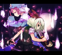 Rule 34 | 2girls, bad id, bad pixiv id, female focus, fire, fire, floating, from side, ghost, hat, hitodama, konpaku youmu, konpaku youmu (ghost), kusa, kusada souta, letterboxed, looking at viewer, looking to the side, mob cap, multiple girls, pink hair, profile, puffy short sleeves, puffy sleeves, saigyouji yuyuko, short hair, short sleeves, sword, touhou, upper body, weapon