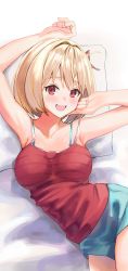 Rule 34 | 1girl, :d, absurdres, arched back, arms up, blonde hair, blue shorts, bra strap, breasts, camisole, cushion, dinsoreprong64, finger to cheek, hair ribbon, highres, large breasts, lycoris recoil, lying, nishikigi chisato, on back, open mouth, red camisole, red eyes, red ribbon, ribbon, shorts, smile, solo