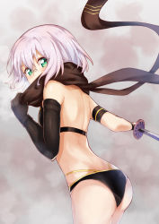 Rule 34 | 1girl, absurdres, armor, ass, back, bikini armor, black bra, black gloves, black panties, blush, bra, breasts, cosplay, covered mouth, elbow gloves, from behind, glasses, gloves, green hair, highres, ikeda chizuru, looking at viewer, looking back, okita j. souji (first ascension) (fate), panties, pizza (pizzania company), scarf, short hair, shoulder blades, small breasts, solo, sword, underwear, weapon, white hair, yuru yuri