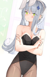 Rule 34 | 1girl, animal ears, bare shoulders, black leotard, black nails, blurry, blurry background, blush, breasts, cleavage, closed mouth, collarbone, commentary, cowboy shot, crossed arms, dduck kong, ear piercing, earrings, eyelashes, eyes visible through hair, facial mark, fake animal ears, girls&#039; frontline, gluteal fold, green eyes, groin, hair between eyes, hair ornament, highres, hk416 (girls&#039; frontline), indoors, jewelry, legs apart, leotard, light frown, long hair, looking at viewer, medium breasts, nail polish, pantyhose, piercing, playboy bunny, rabbit ears, silver hair, solo, standing, strapless, strapless leotard, teardrop, thighs, window