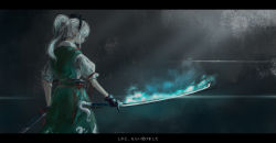 Rule 34 | 1girl, afterimage, alternate hair length, alternate hairstyle, arm at side, bad id, bad pixiv id, black bow, black gloves, black hairband, blue fire, bow, commentary request, fire, flaming sword, flaming weapon, from behind, gloves, glowing, glowing sword, glowing weapon, green skirt, green vest, grey hair, hair bow, hair over eyes, hairband, highres, holding, holding sword, holding weapon, katana, knife, konpaku youmu, letterboxed, lfacras, light particles, long skirt, medium hair, outstretched arm, ponytail, puffy short sleeves, puffy sleeves, scabbard, sheath, sheathed, shirt, short sleeves, skirt, skirt set, solo, standing, sword, tassel, touhou, unsheathed, vest, wakizashi, weapon, white shirt