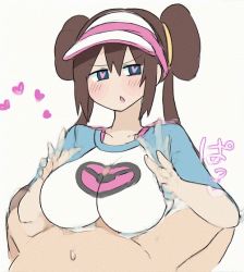 Rule 34 | 1girl, blue eyes, blush, breasts, brown hair, clothed female nude male, clothed paizuri, creatures (company), game freak, large breasts, long hair, nintendo, nude, paizuri, penis, pokemon, pokemon bw2, rosa (pokemon), white-stew