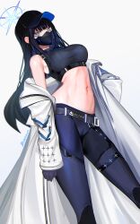Rule 34 | 1girl, absurdres, bare shoulders, baseball cap, belt, black hair, black hat, black shirt, blue archive, blue eyes, blue pants, bluemayo, blunt bangs, breasts, coat, commentary, crop top, grey background, hat, highres, large breasts, leggings, long hair, looking at viewer, mask, midriff, mouth mask, navel, off shoulder, open clothes, open coat, pants, saori (blue archive), shirt, sleeveless, sleeveless shirt, solo, standing, stomach, thighs, very long hair, white coat