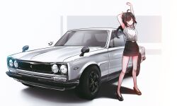 Rule 34 | 1girl, absurdres, belt, black belt, black footwear, black hair, black skirt, breasts, clenched hand, collared shirt, commentary, cowlick, english commentary, highres, long hair, medium breasts, mizzterbii, nissan, nissan skyline, nissan skyline c10, one eye closed, original, pencil skirt, pink eyes, shadow, shirt, shirt tucked in, signature, skirt, solo, stretching, vehicle focus, white shirt