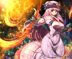 Rule 34 | 1girl, adapted costume, book, breasts, capelet, crescent, dress, female focus, floral print, hat, large breasts, long hair, long sleeves, looking at viewer, magic, mob cap, open book, patchouli knowledge, pink dress, pink hair, red eyes, solo, touhou, umigarasu (kitsune1963), very long hair, wide sleeves