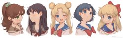 Rule 34 | 5girls, ;d, aino minako, bishoujo senshi sailor moon, black hair, blonde hair, blue eyes, blue hair, blush, bow, bowtie, brooch, brown hair, closed mouth, collarbone, double bun, earrings, green eyes, hair bobbles, hair bow, hair bun, hair ornament, half updo, head tilt, high ponytail, highres, hino rei, jewelry, juuban middle school uniform, kino makoto, kino makoto&#039;s school uniform, long hair, looking at viewer, looking away, looking to the side, mizuno ami, multiple girls, neckerchief, one eye closed, open mouth, parted bangs, parted lips, portrait, purple eyes, red bow, red neckwear, round teeth, ryota (ry o ta), school uniform, serafuku, shiba koen middle school uniform, short hair, signature, simple background, smile, stud earrings, ta girls school uniform, teeth, tsukino usagi, twintails, upper teeth only, white background