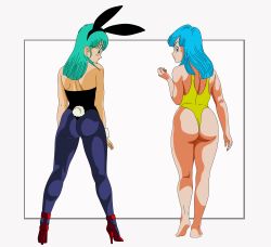Rule 34 | 1980s (style), 2girls, absurdres, animal ears, aqua hair, ass, ass support, bare shoulders, barefoot, black leotard, blue eyes, blue hair, blue pantyhose, breasts, bulma, curvy, detached collar, dragon ball, dragon ball (classic), dragonball z, fake animal ears, fake tail, from behind, highleg, highleg leotard, highleg swimsuit, highres, huge ass, large breasts, leotard, lips, long hair, looking at viewer, looking back, maron (dragon ball), multiple girls, oldschool, one-piece swimsuit, pantyhose, playboy bunny, rabbit ears, rabbit tail, retro artstyle, salvamakoto, skindentation, standing, straight hair, strapless, strapless leotard, swimsuit, tail, thick thighs, thighs, time paradox, wide hips, yellow one-piece swimsuit
