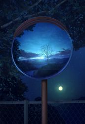 Rule 34 | bare tree, chain-link fence, fence, fisheye, full moon, highres, horizon, mks, moon, night, night sky, no humans, original, outdoors, reflection, road, scenery, sky, star (sky), starry sky, traffic mirror, tree