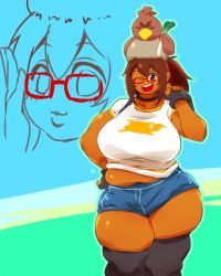 Rule 34 | 10s, 1girl, breasts, brown eyes, brown hair, creatures (company), farfetch&#039;d, fat, female focus, female protagonist (pokemon go), game freak, gen 1 pokemon, glasses, huge breasts, looking at viewer, nintendo, one eye closed, open mouth, plump, pokemon, pokemon (creature), pokemon go, ponytail, smile, solo, squarewave, thick thighs, thighs