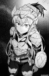 Rule 34 | 1girl, armor, artist name, artist request, belt, breastplate, breasts, cleavage, cosplay, cowboy shot, dagger, damaged, gloves, goblin slayer!, goblin slayer (cosplay), greyscale, hair between eyes, helmet, highres, holstered, j.del-rosario, knife, monochrome, nerotwo, pouch, priestess (goblin slayer!), scratches, shield, solo, sword, weapon