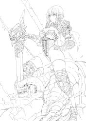 Rule 34 | 1girl, absurdres, armor, cherrylich, daeho cha, demon, demon horns, earrings, gorget, greyscale, hand on own hip, highres, hoop earrings, horns, jewelry, leotard, lineart, looking at viewer, looking to the side, monochrome, monster, original, pauldrons, shoulder armor, sword, thighhighs, torn clothes, torn legwear, weapon