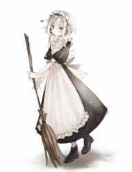 Rule 34 | 1girl, apron, black dress, black ribbon, boots, bow, broom, buttons, closed mouth, collared dress, commentary, dot nose, dress, dress bow, frilled apron, frills, grey background, grey eyes, hair between eyes, heart, highres, holding, holding broom, kitijoji, light blush, looking at viewer, maid, maid apron, maid headdress, original, platform footwear, puffy short sleeves, puffy sleeves, ribbon, shadow, short hair, short sleeves, sidelocks, simple background, socks, solo, sparkle, standing, standing on one leg, symbol-only commentary, white background, white bow, white hair, white socks