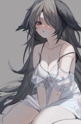Rule 34 | 1girl, animal ears, between legs, black hair, blush, breasts, cleavage, collarbone, commentary, copyright request, hair over one eye, heoningu, highres, long hair, looking at viewer, medium breasts, open mouth, purple eyes, see-through, shirt, sitting, solo, spaghetti strap, strap slip, symbol-only commentary, wariza, white shirt