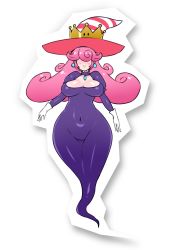 Rule 34 | 1girl, blush, breasts, closed mouth, commentary request, covered eyes, covered navel, crown, curly hair, dress, facing viewer, ghost, gloves, hair over eyes, hat, highres, jewelry, large breasts, long dress, long hair, long sleeves, looking at viewer, mario (series), necklace, nintendo, paper mario, paper mario: the thousand year door, pink hair, purple dress, rei (rei rr), smile, solo, super crown, thick thighs, thighs, vivian (paper mario), white gloves, wide hips