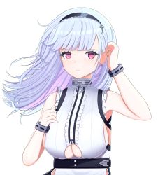 Rule 34 | 1girl, anchor, azur lane, belt, black belt, blue hair, bracelet, breasts, choker, cleavage, cleavage cutout, clothing cutout, dido (azur lane), dress, earrings, hairband, heart, heart earrings, highres, jewelry, large breasts, long hair, looking at viewer, multicolored hair, oreon z, pink eyes, purple hair, sleeveless, sleeveless dress, standing, two-tone hair, upper body, white background, white dress