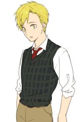 Rule 34 | 1boy, alphonse elric, alternate costume, arms at sides, beige pants, blonde hair, collared shirt, commentary request, dress shirt, expressionless, formal, fullmetal alchemist, grey vest, looking afar, male focus, necktie, pants, parted lips, plaid, plaid vest, red neckwear, riru, shirt, simple background, sleeves rolled up, standing, swept bangs, tareme, upper body, vest, white background, white shirt, yellow eyes