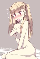 Rule 34 | 1girl, akane souichi, anger vein, artist name, between legs, blonde hair, blush, breasts, collarbone, condom, covering privates, covering breasts, embarrassed, hand between legs, long hair, looking at viewer, mouth hold, nose blush, nude, sitting, solo, sweatdrop, tokyo 7th sisters, twintails, twitter username, two side up, uesugi u. kyouko, underboob, wariza, wavy mouth