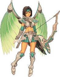 Rule 34 | 1girl, armor, boots, bow, breasts, brown hair, dragoon, game console, gauntlets, gem, groin, legs, lowres, navel, pixel art, shana (dragoon), skirt, the legend of dragoon, wings