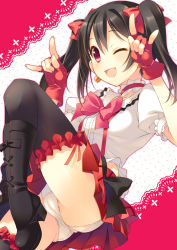 Rule 34 | 10s, 1girl, ;d, black hair, black thighhighs, blush, bokura wa ima no naka de, boots, bow, double m/, earrings, fingerless gloves, frilled thighhighs, frills, gloves, hair bow, high heel boots, high heels, jewelry, knee boots, love live!, love live! school idol project, m/, neck garter, nico nico nii, one eye closed, open mouth, panties, pantyshot, puffy short sleeves, puffy sleeves, red eyes, short sleeves, skirt, smile, solo, takei ooki, thighhighs, twintails, underwear, upskirt, white panties, wink, yazawa nico