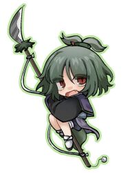 Rule 34 | 1other, adagumo no saragimaru, androgynous, black sleeves, blue shorts, blue vest, brown footwear, buttons, capelet, chibi, fangs, frown, green hair, green outline, hair ornament, high ponytail, holding, holding polearm, holding weapon, huge weapon, japanese clothes, len&#039;en, long sleeves, looking at viewer, naginata, open mouth, other focus, outline, polearm, pom pom (clothes), puffy shorts, purple capelet, red eyes, ribbon, sandals, short hair, short ponytail, shorts, simple background, slit pupils, snake hair ornament, socks, solo, split ponytail, v-shaped eyebrows, vest, weapon, white background, white ribbon, white socks, wide sleeves, xiao ganju nailuo