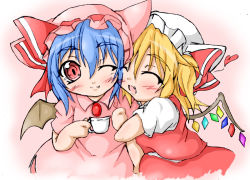 Rule 34 | 2girls, :d, ^ ^, bad id, bad pixiv id, bat wings, bow, chibi, closed eyes, dress, fang, flandre scarlet, hat, hat bow, hug, kokujuuji, mob cap, multiple girls, one eye closed, open mouth, pink dress, red bow, red dress, remilia scarlet, short sleeves, siblings, sisters, smile, touhou, wings