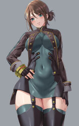 Rule 34 | 1girl, absurdres, amayo thranana, black gloves, blush, boots, breast curtains, breasts, brown hair, commission, covered navel, cowboy shot, dress, fingerless gloves, garter straps, gloves, god eater, god eater 2: rage burst, green dress, green eyes, green thighhighs, grey background, hair between eyes, hand on own hip, highres, impossible clothes, impossible dress, large breasts, long sleeves, looking at viewer, player (god eater 2), short dress, simple background, skeb commission, solo, thighhighs, thighhighs under boots