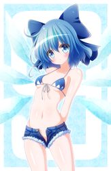 Rule 34 | 1girl, arms behind back, bare shoulders, bikini, bikini top only, blue eyes, blue hair, blush, bow, breasts, cirno, closed mouth, collarbone, commentary request, eyes visible through hair, front-tie top, hair between eyes, hair bow, highres, large bow, looking at viewer, medium hair, navel, osashin (osada), short shorts, shorts, small breasts, solo, stomach, swimsuit, touhou, unbuttoned, wings
